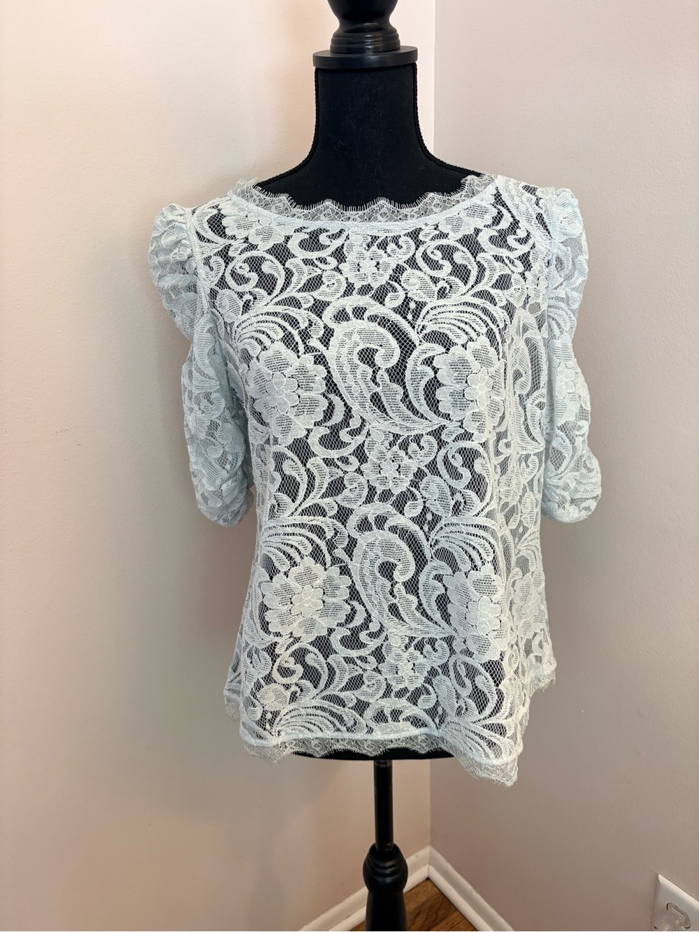 Sundance Light Blue Floral Lace Puff Sleeve Blouse